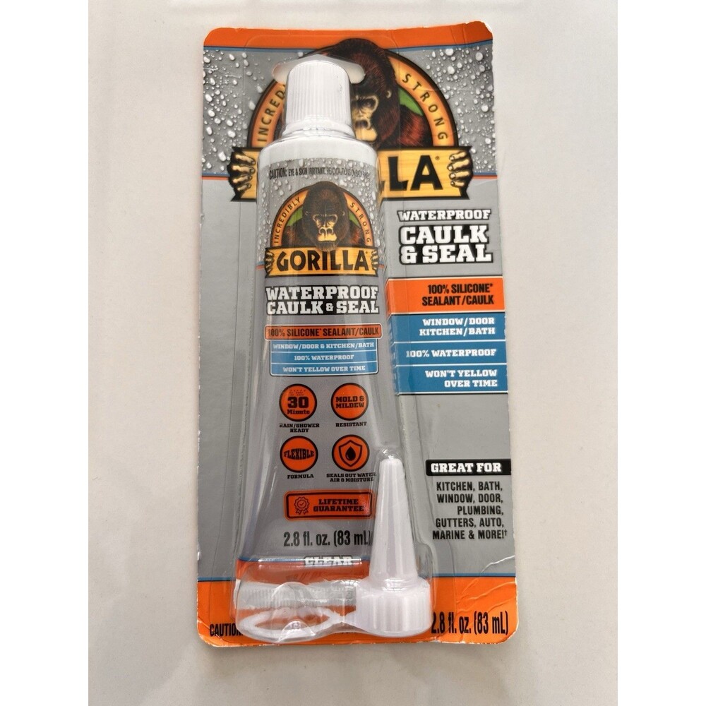 Gorilla Clear Waterproof Caulk & Seal Silicone Sealant, 2.8oz Squeeze Tube